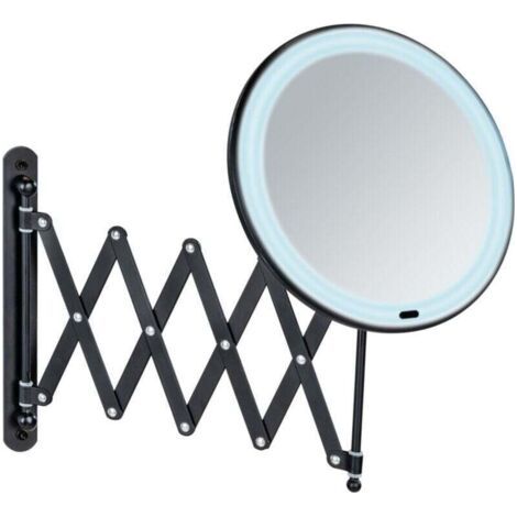 QORVA-Miroir grossissant mural Barona , Bras télescopique, Grossissant x5, Lumières LED, Batterie ou pile, Cable USB fourni, Acier Plastique, 20x34x55 cm, Noir