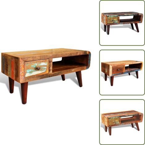 Table basse avec bord incurvé et 1 tiroir Bois de récupération - Table Basse - Table D'appoint - Meubles Anciens - Bois Recyclé - Design Vintage (1/5)