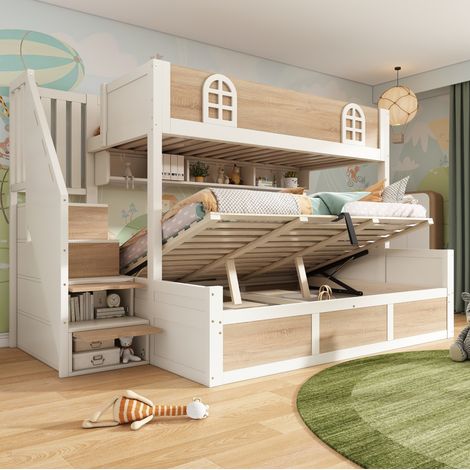 Letto a castello 90/140x200 cm con scala contenitore, soppalco bianco e natura (1/5)