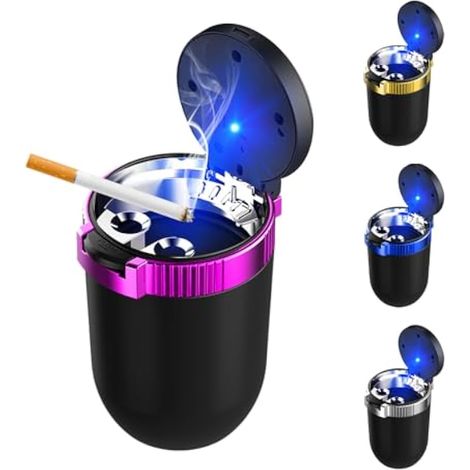 Ohleats Cendrier de voiture avec couvercle, cendrier amovible en acier inoxydable avec lumière bleue LED, mini porte-gobelet de véhicule, poubelle anti-odeurs, accessoires de voiture universels (1/5)