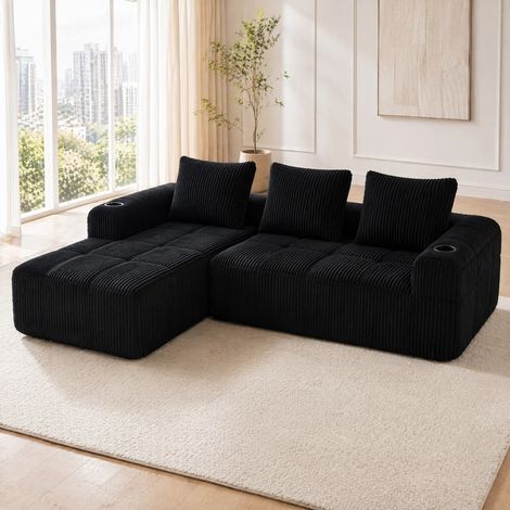 Sofá modular 253x158x61 cm de tela acanalada negra con almacenaje para salón FLORAGRACE (1/5)