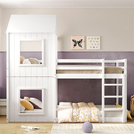 Lit superposé cabane enfant 90 x 200 cm en pin/MDF blanc – sans matelas, sommier à lattes (1/5)