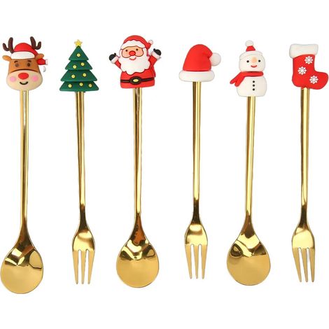 Couverts pour enfants décorés pour Noël, en acier inoxydable et silicone, avec long manche jolies cuillères et fourchettes à dessert pour les fêtes de famille. (1/5)