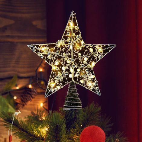 Étoile lumineuse pour Sapin de Noël 25 cm Argent – Cime d’arbre Métal Pailleté avec 20 LED Chaudes, Décoration Intérieure de Fête (1/5)