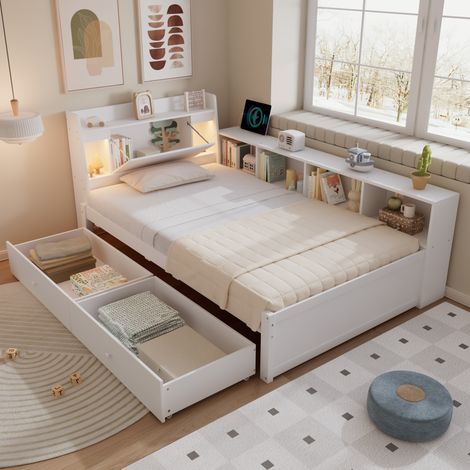 Letto singolo 90x200 cm bianco in legno, testiera con vani e 2 luci (1/5)