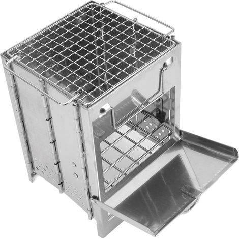 Réchaud à bois de camping pliable en acier inoxydable avec mini barbecue intégré pour un pique-nique en plein air chaleureux (1/5)