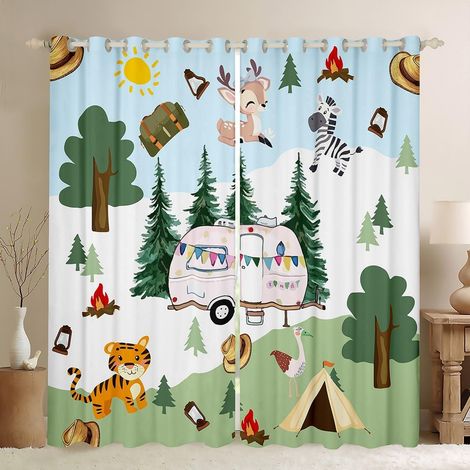 Rideaux de fenêtre de camping cartoon, camping heureux rose fermeture éclair nature cuisine traitements de fenêtre, cerf tigre, faune sauvage, arbres verts, rideaux de fenêtre pour la - 175x140cm (HxB (1/5)