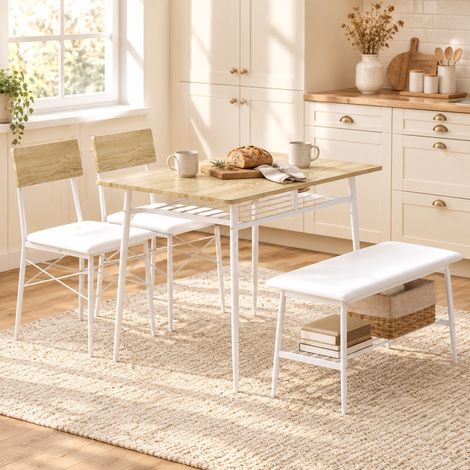 Set tavolo e sedie 4 pezzi con panca e ripiani, 110 x 70 cm, effetto rovere HAVRYA (1/5)