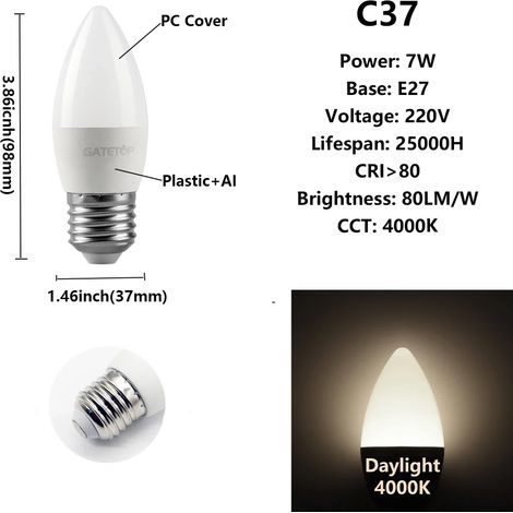 (C37 7W E27 4000K) Lot de 10 ampoules LED, adaptées à la décoration intérieure, au bureau et à la salle de bain. (1/4)