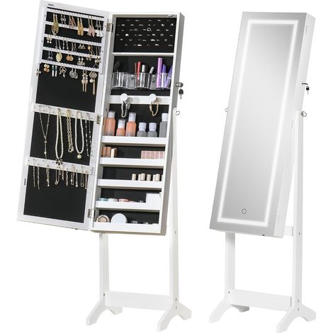 Armoire à bijoux LED avec miroir sur pied range bijoux avec éclairage à écran tactile blanc (1/5)