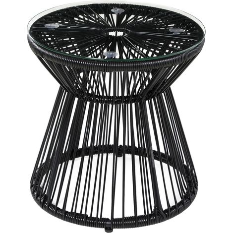 Table de jardin ronde design tambour creux avec plateau en verre - Table basse bistro noire pour balcon, terrasse et extérieur 40x40x42cm (1/5)