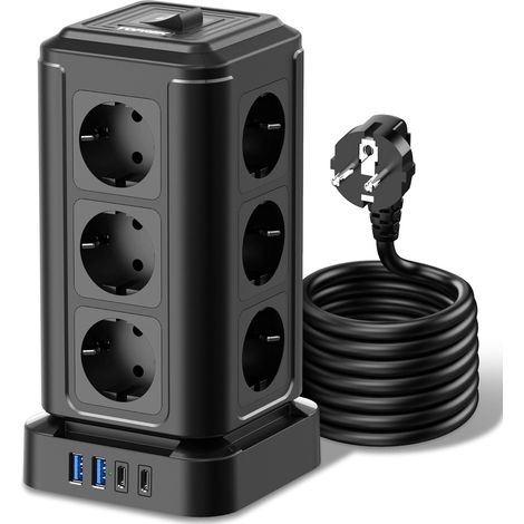 Multiprise Électrique, Tour Multiprise avec 12 Prises et 4 USB (2 USB-A et 2 USB-C Charge Rapide 20W), 4000 W/16 A, avec Interrupteur, pour Bureau, Cuisine, Table, Câble de 2 M (1/5)