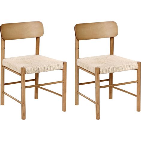 Set of 2 Dining Chairs Brown Rubberwood Paper Rope Woven Seat Boho Style Kitchen Dining Room DIGNE