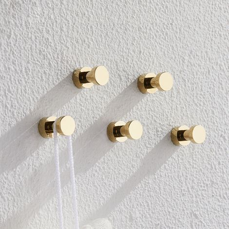 Crochets de salle de bain tout cuivre, petits crochets de 20 mm de diamètre, plaqués or, lot de 5, sans perçage. (1/5)