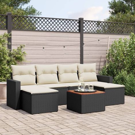 vidaXL Set de comedor de jardín 7 pzas y cojines ratán sintético negro (1/5)