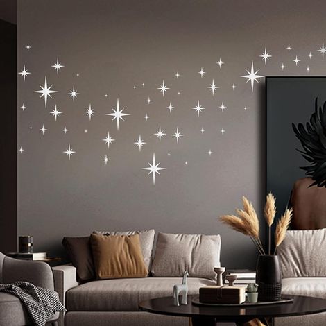 Sternenspiegel, 82-teiliges Set 3D-Stern-Wandaufkleber, abnehmbar, selbstklebend, Acryl-Dekorationsspiegel für Kinderzimmer, geeignet für Schlafzimmer und Wohnzimmer (Silber) (1/5)