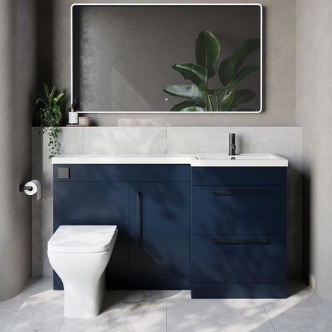 Napoli 390 Deep Blue 1500mm 2 Drawer Vanity Unit Toilet Suite with Right Hand Square Lucia Basin - 1500mm - Matt Black 320mm HandleWith Kingston Toilet Pan and Seat