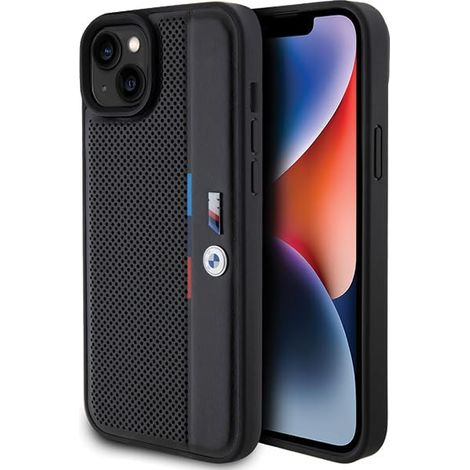 Coque rigide noire/noire BMW BMHCP15M23PUPVK pour iPhone 15 Plus / 14 Plus 6,7 pouces, motif tricolore perforé