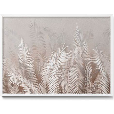 Tableau Magnétique en Métal Tableau pour Magnet - Motif Feuilles bohèmes naturelles - Minimaliste - Cadre Blanc - 70x50 cm - Plaque Magnétique