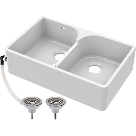 795mmDouble Bowl Fireclay Butler Kitchen Sink - Stepped Weir & Wastes (1/5)