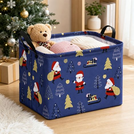 Panier de Rangement Noël Pliable Toile de Chanvre Père Noël Fond Violet 38 x 26 x 25 cm (1/5)