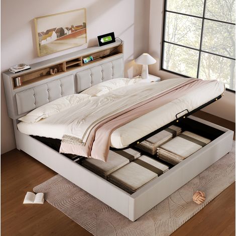 Letto con contenitore in tessuto lino beige 140x200 cm, testiera regolabile con prese, USB e Type-C, rete inclusa (1/5)