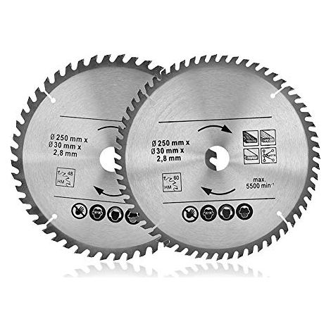 Lot de 2 lames universelles de scie circulaire (48 et 60 dents) pour coupe de précision dans le bois naturel ou dur, 250 x 30 mm (1/5)