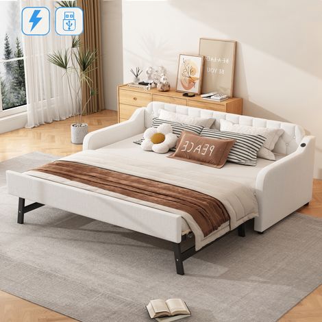 Letto a scomparsa 90x200 cm/180x200 cm, con porta USB, sommier a doghe in legno, divano letto estensibile, struttura in metallo, letto imbottito in lino - Beige