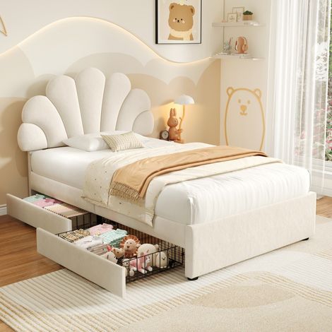 3ft Single Upholstered Bed with Adjustable Chic Petal Headboard, Soft Velvet Bed Frame with 2 Storage Drawers, Petal Bed with Solid Wood Slat, No Box Spring Needed, Easy Assembly, Beige (No Mattress)