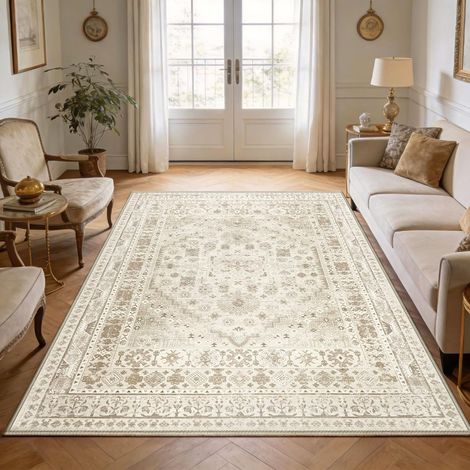 Tapis de salon, vintage, beige, 160 x 230 cm, rétro, antidérapant, en laine synthétique, lavable, doux, pour salon, chambre à coucher, bureau, salle à manger (1/5)