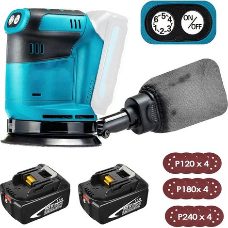 Ponceuse orbitale électrique sans fil 125 mm, sans balais, 6 vitesses, sac à poussière à fixation rapide et 12 disques abrasifs, avec 2 batteries 5,5 A (sans chargeur), compatible avec batterie Makita (1/5)