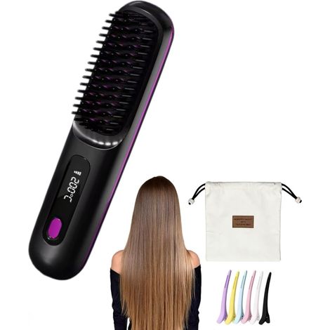 Cocoony Brush for Short Hair, Portable Rechargeable Straightening Brush, Durable Design, with LCD Display, 3-Step Temperature Setting, for Daily Styling & Travel (Black)