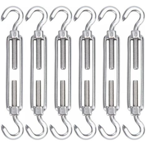 Tendeur de câble en acier inoxydable M5, lot de 6 crochets de tendeur de fil et crochets de tension robustes réglables et crochets pour installation de corde, câble, corde à linge, clôture d'ombrage (1/4)