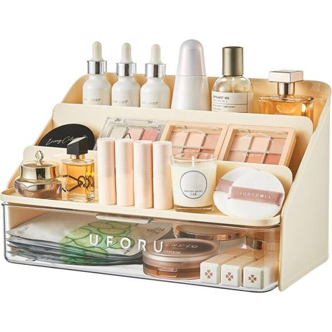 Boîte de rangement cosmétique jaune pour coiffeuse.