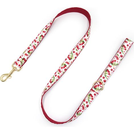 Collier et laisse pour chien, XS, coton, motif cerisier et floral, boucle dorée ajustable, série Mode (1/2)