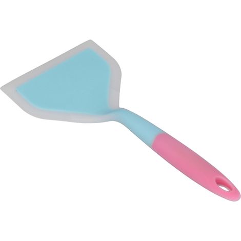 Spatule de cuisine transparente bicolore en silicone à large ouverture, idéale pour la cuisson des crêpes et autres pancakes (tête de spatule bleue). (1/5)