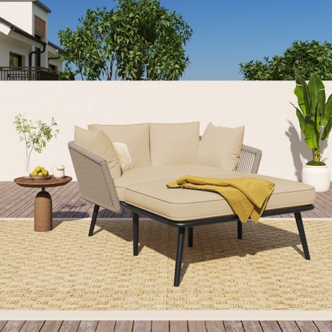 Gartensofa mit 2 Kissen und 2 Polster,Sonnenliege im Außenbereich, Gartenlounge, Balkonmöbel-Set, Loungemöbel, Terrassenmöbel,Kissen sind abnehmbar und waschbar,Khaki