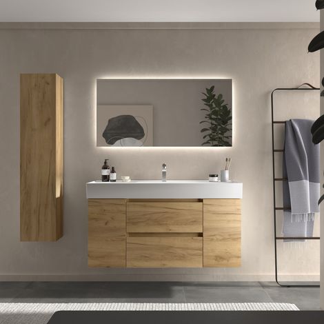 Meuble de salle de bain BEQUIA Plus 120cm Chêne Vasque Porcelaine Centrale (1/5)