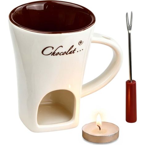 Tasse à Fondue au Chocolat en Céramique 130 ML, avec Fourchettes et Bougie Chauffe-Plat, Service Polyvalent pour Fondre du Fromage, du Beurre et du Caramel (1/5)