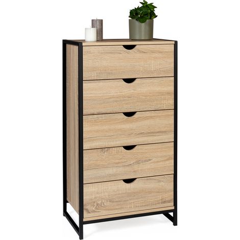 Idmarket – Chiffonnier 5 tiroirs 60 cm – Commode semainier bi-matière bois et métal noir – Style industriel compact – Dimensions 60 x 40 x 110 cm