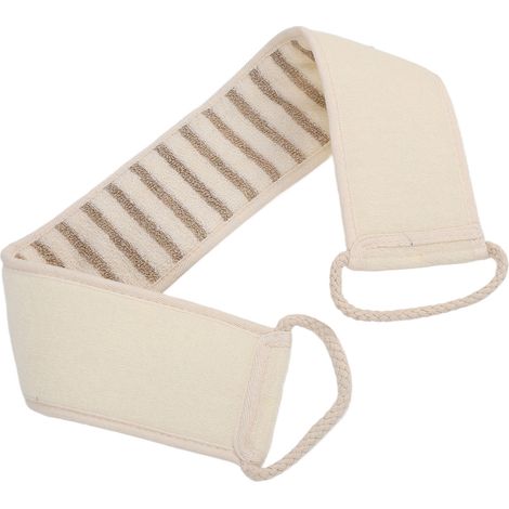 Deux serviettes de bain rayées en lin, des éponges pour le dos et des gommages exfoliants pour un bain et un gommage du dos sans tracas. (1/5)