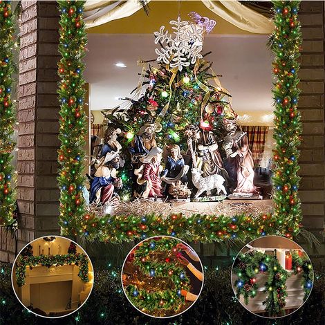 Guirlande Lumineuse De Noël - 50 Leds Multicolores À Piles - Décorée De Cônes Et Baies Rouges - PVC Vert - 270 Cm (1/5)
