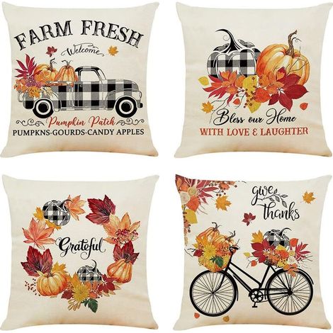 Set di 4 fodere per cuscini, 45 x 45 cm - Motivo a foglie arancio bruciato - 18 x 18 cm - Fodere decorative in lino - 45 cm x 45 cm - Fantasie per divano, soggiorno (1/5)