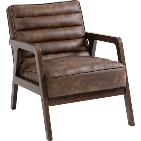 Lounge-Sessel mit PU-Bezug, breite Sitzfläche, dickes Kissen, Massivholzrahmen, braun