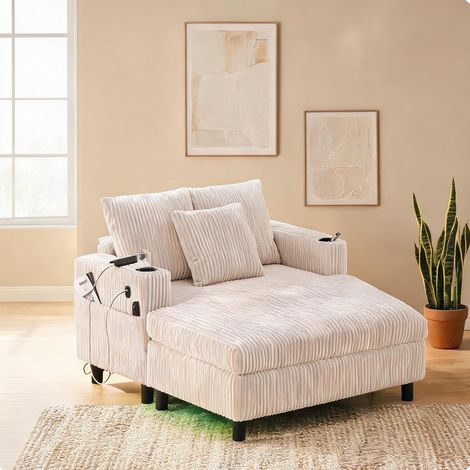 Chaiselongue 1 place en velours côtelé beige avec LED et ports (1/5)