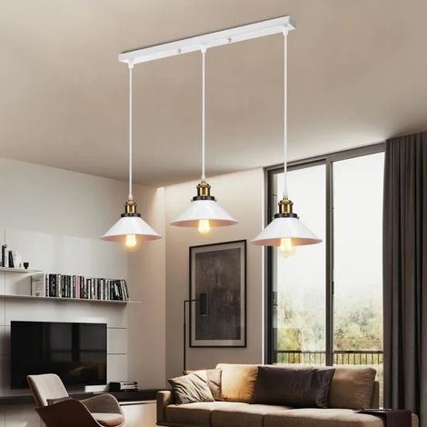 Lustre Luminaire Industrielle Blanc,Lampe Suspension Vintage Simple Plafonnier Abat-jour en Fer Style Edison pour Salon (1/4)
