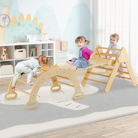 Dès 1 an, aire de jeux d'escalade en bois pour intérieur avec triangle, arche à bascule et rampe double face (1/5)