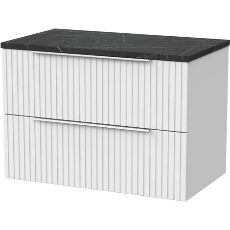 Callingwood Contemporary Wall Hung 2 Drawer Vanity Unit with Black Pietra Marble Laminate Worktop , 800mm, Matt White