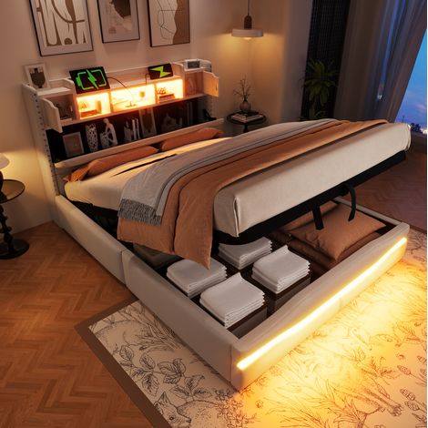 Cama tapizada moderna 140x200 cm en lino beige con arcón hidráulico, cabecero con USB/Type-C y LED (1/5)