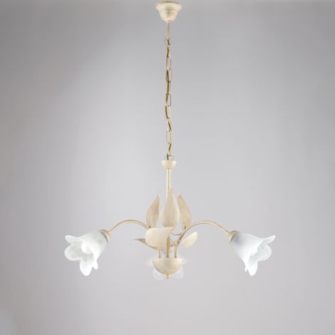 Kronleuchter aus Eisen Elfenbein Gold drei Lichter Alabaster Weißglas 60x h43 cm